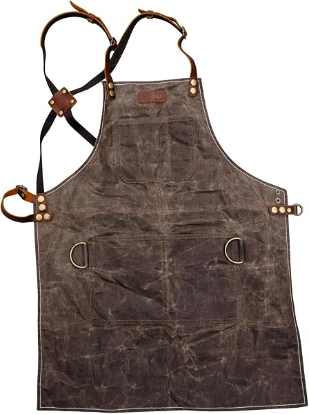 Avental de Cozinha e Churrasco em Lona Encerada Impermeável 16oz com Tiras em Couro Genuíno