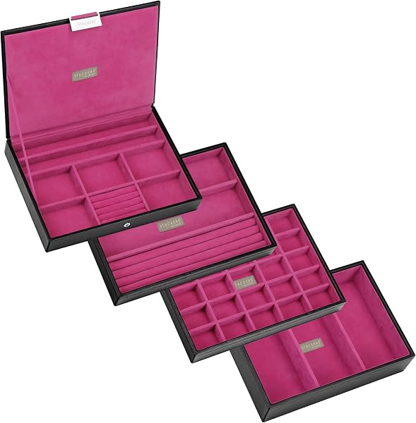 Cofre Guarda-Joias de 3 Andares Stackers London / Songmics em Veludo e Pele Vegana c/ Espelho